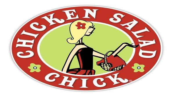 Chicken salad logo with a chicken in a chef hat on a red and green oval background