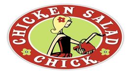 Chicken salad logo with a cartoon chicken on a red oval background and white text