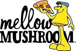 Mellow Mushroom logo with yellow mushroom mascot holding a pizza slice