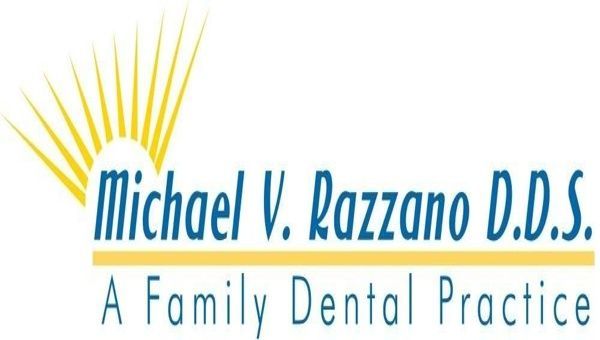 Michael V. Pazzano D.D.S. logo with gold sunburst and blue text: “A Family Dental Practice”