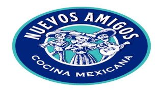 Logo oval azul y turquesa de Nieveos Amigos Cocina Mexicana con chef y utensilios cruzados