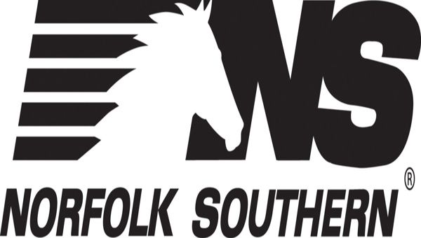 Norfolk Southern railroad logo with stylized black horse head and bold black lettering