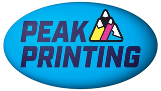 Peak Printing logo in blue oval with multicolor pencil graphic