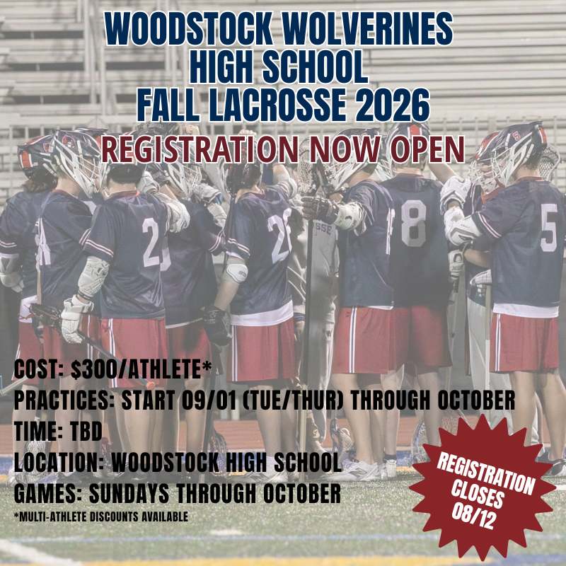 Woodstock Junior Wolverines Try Lax Clinic flyer with lacrosse player, Saturdays 9:00-11:00 AM, FREE