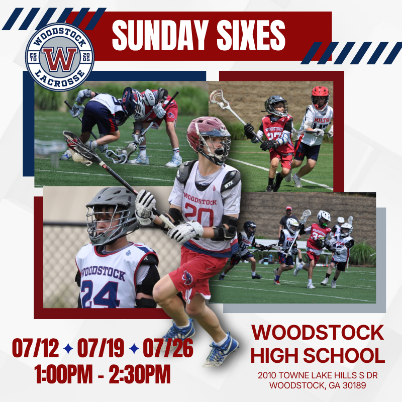 Woodstock High School football collage with players in red, white and blue; “Sunday Sixes” and dates listed