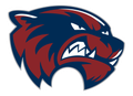 Red and blue fierce wolf head logo with bared teeth and white eye accents