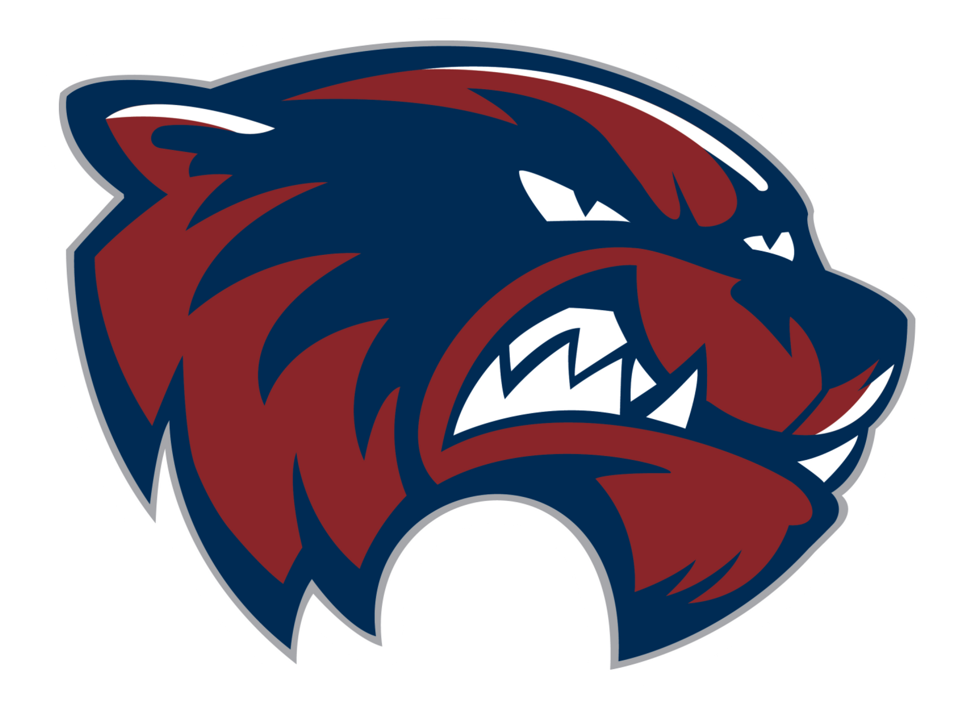 Red and blue fierce wolf head logo with bared teeth and white eye accents