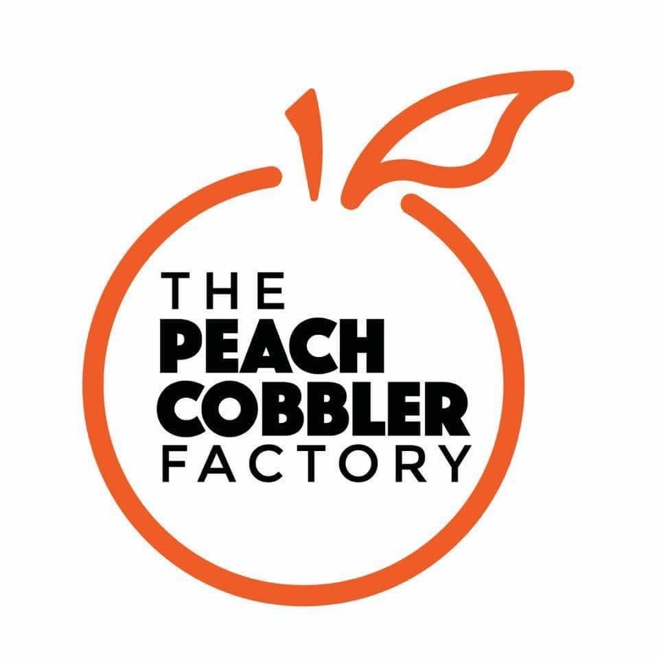 Orange peach outline logo reading “The Peach Cobbler Factory” on white background