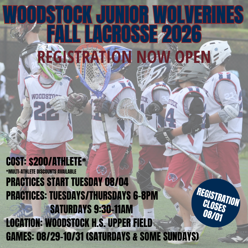 Woodstock Junior Wolverines Try Lax Clinic flyer with lacrosse player, Saturdays 9:00-11:00 AM, FREE