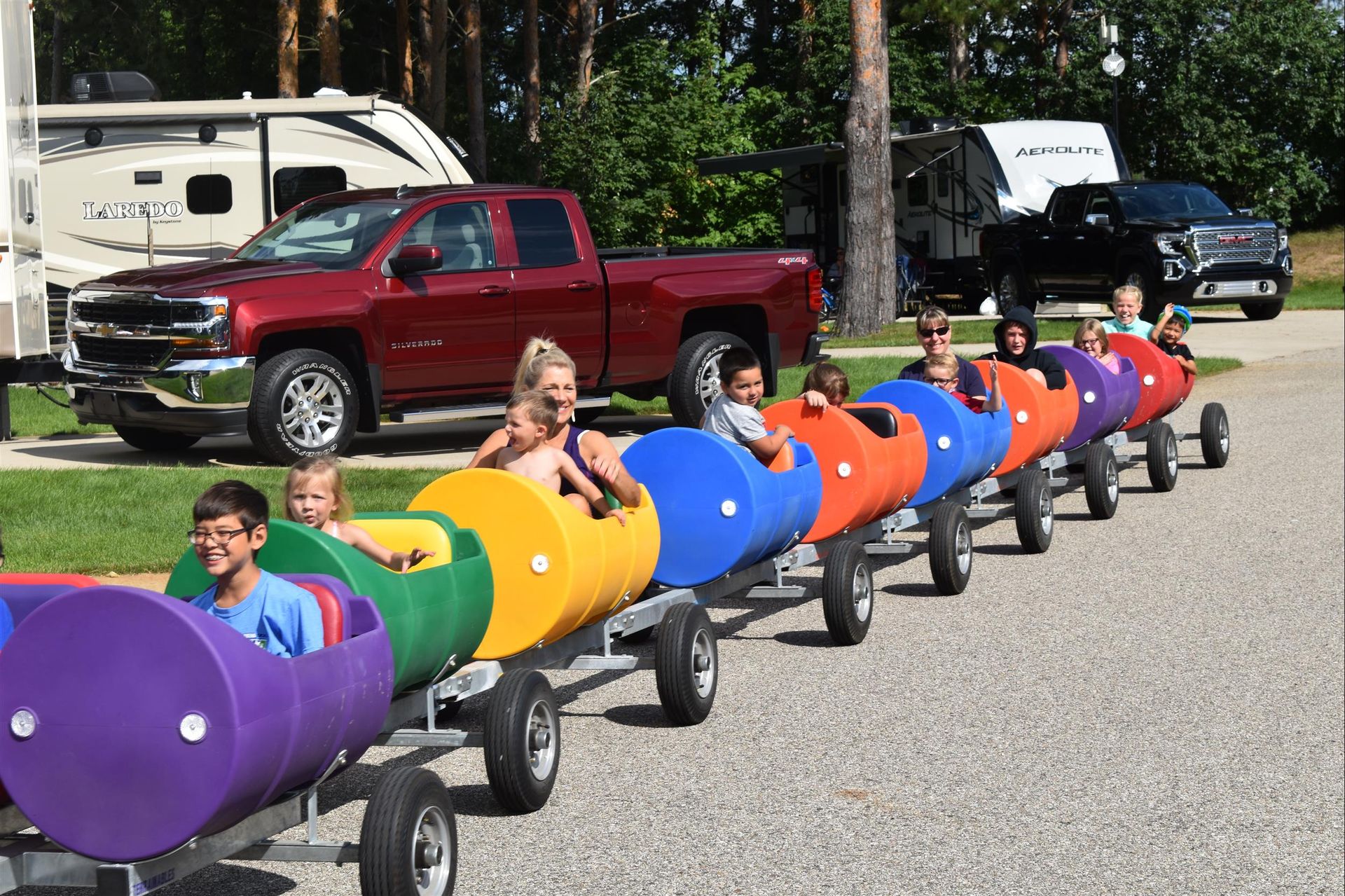 Kids on a barrel train