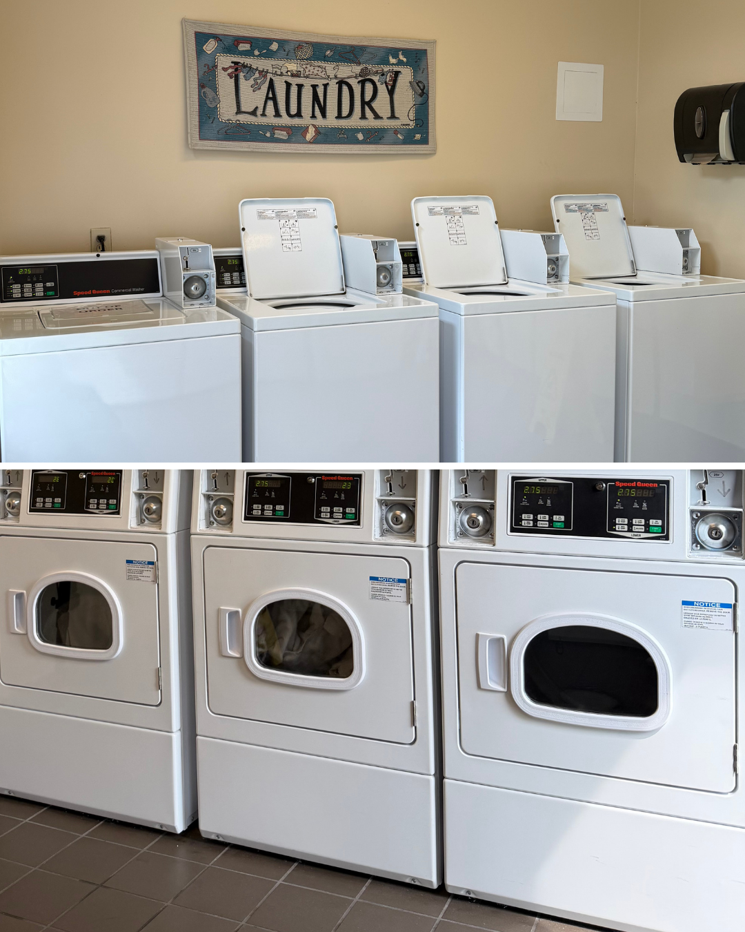 Laundry room with four Speed Queen washers under a