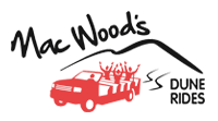 The logo for mac wood 's dune rides shows a red truck with people in it.