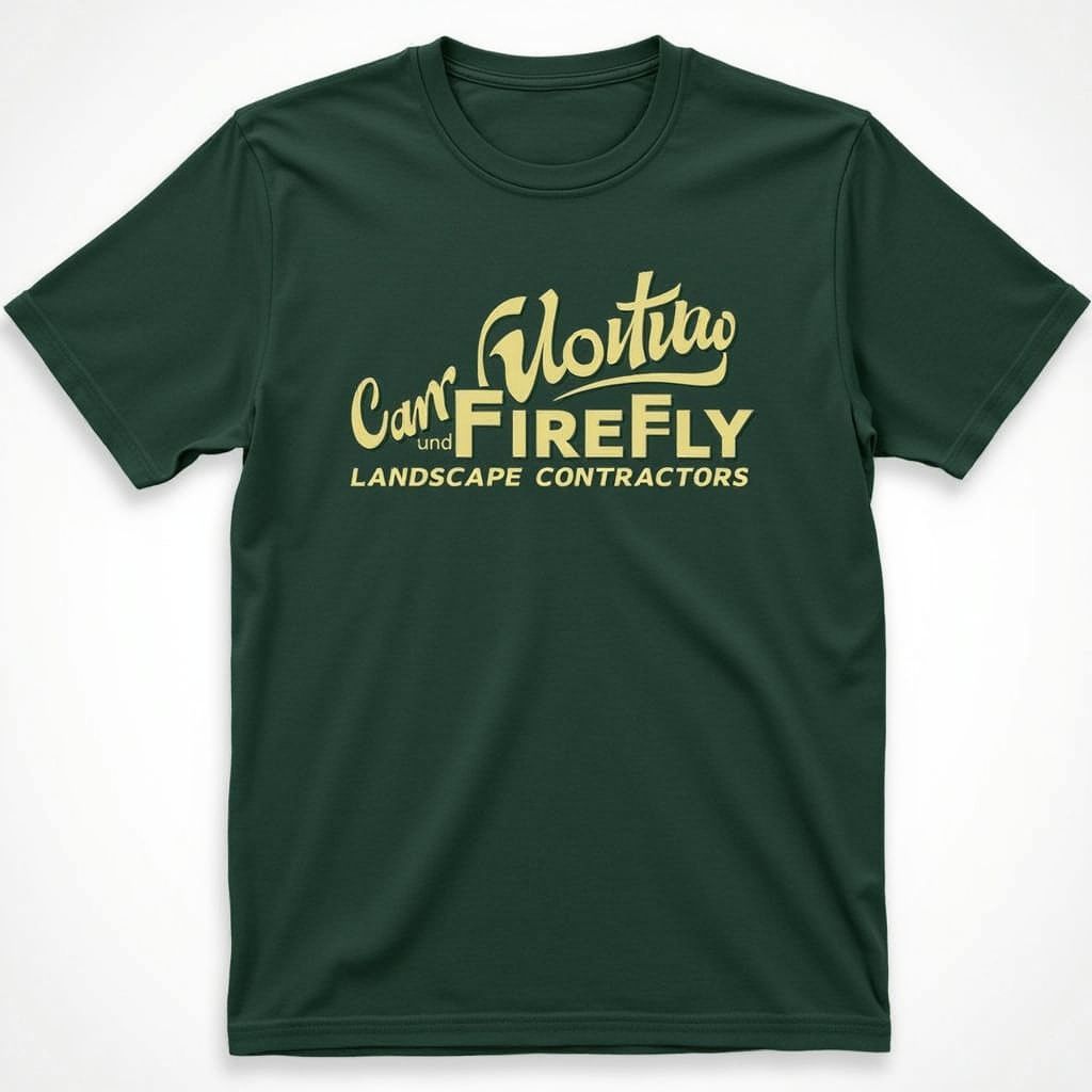 Dark green t-shirt with a light yellow logo: 