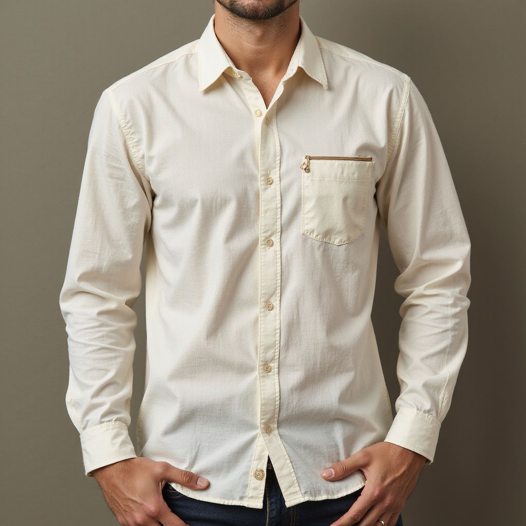 Man wearing a cream-colored button-down shirt with a pocket.