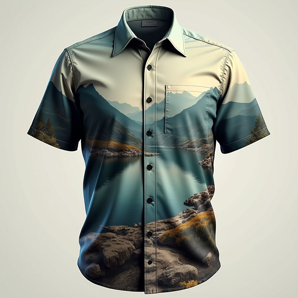 Short-sleeved button-up shirt featuring a mountain and lake landscape print. The shirt is blue, gray, and brown.