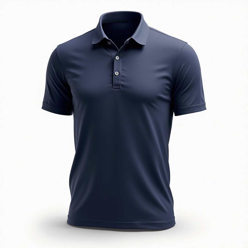 Navy blue polo shirt with short sleeves and buttoned placket.