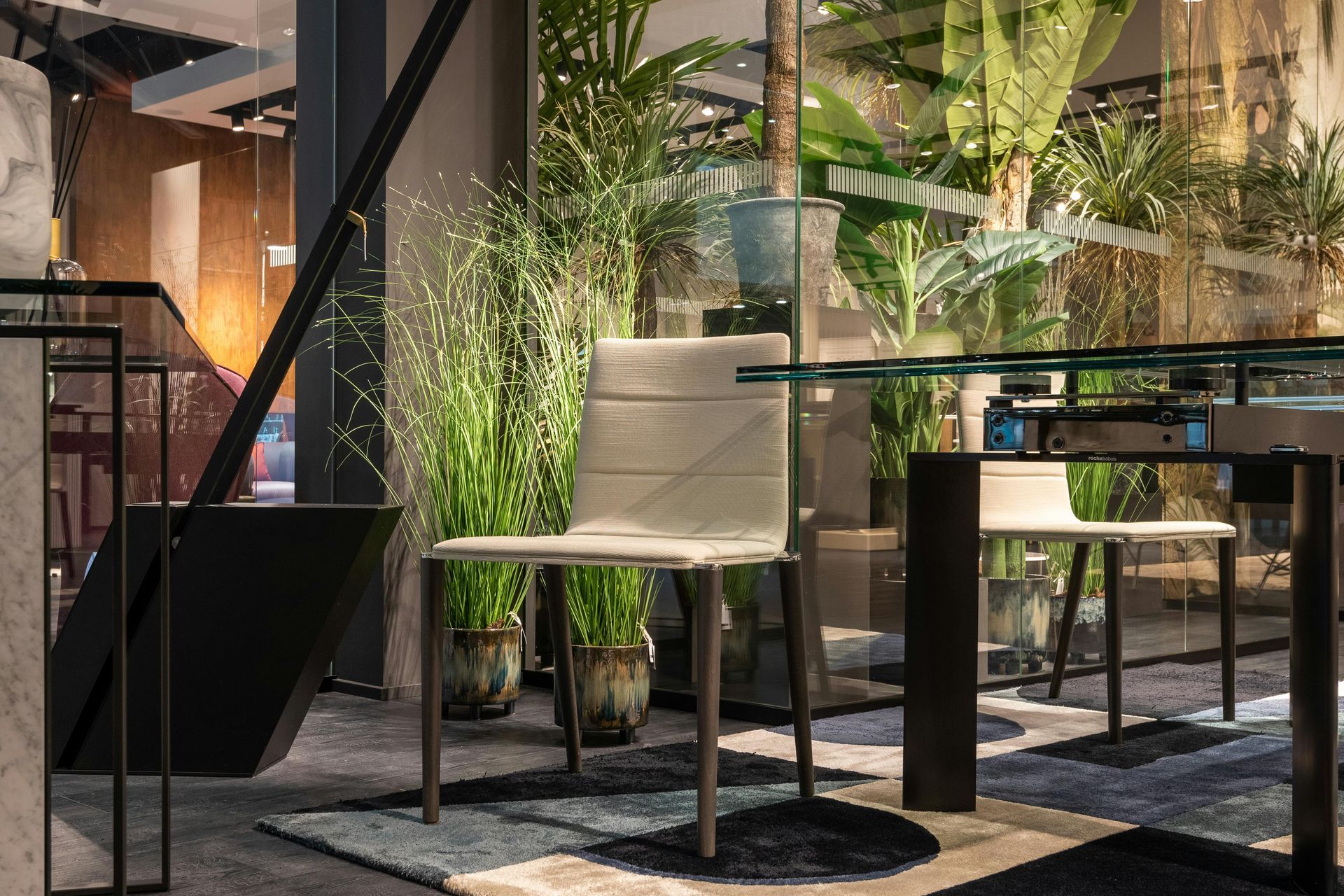 A modern interior with a chair at a glass table, plants in the background.
