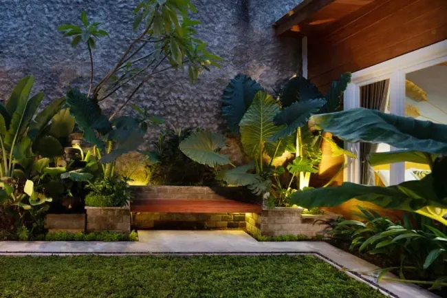 A garden scene at night with a stone wall, bench, and lush greenery lit by warm lights.