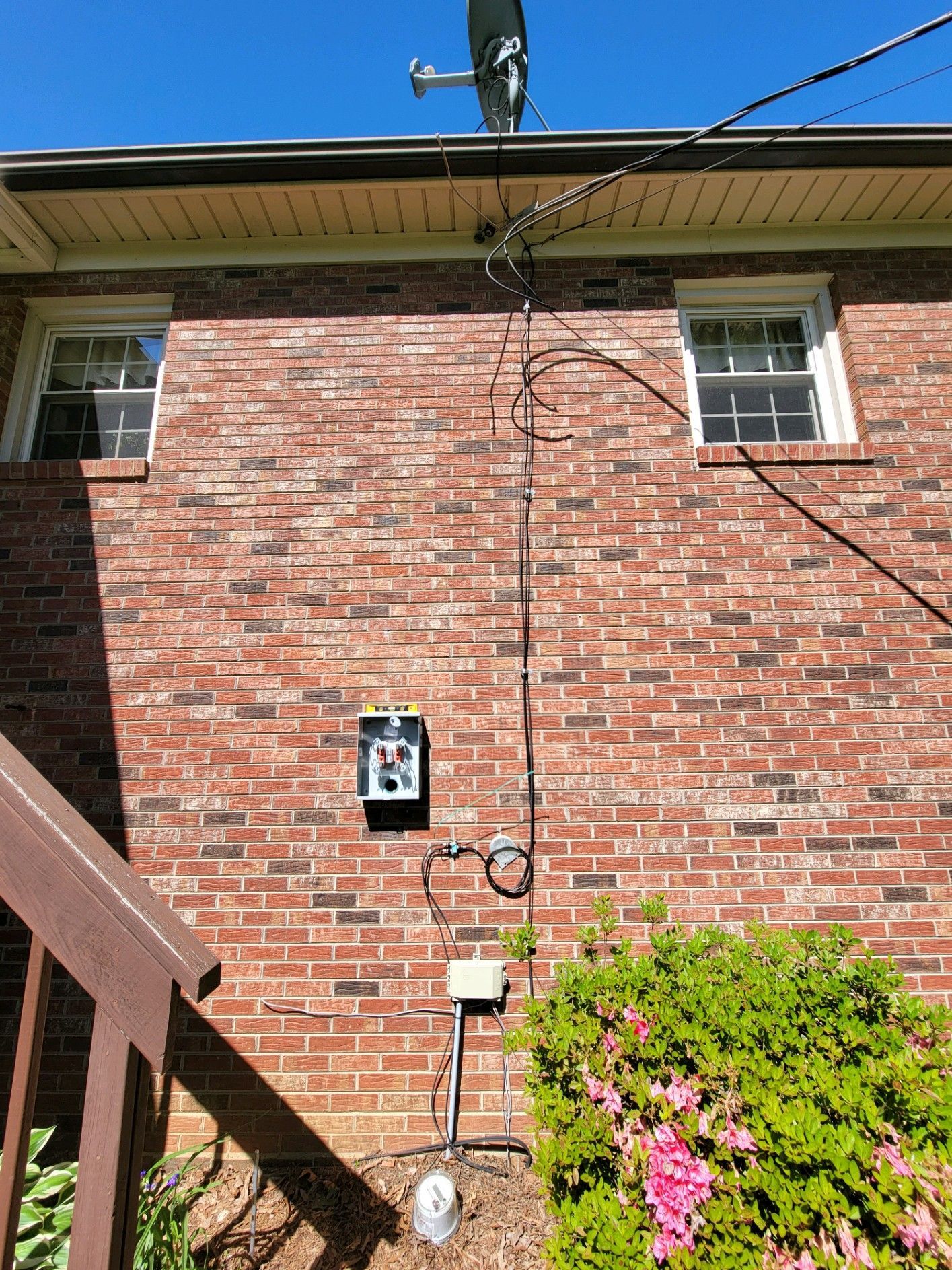 Brick apartment wall with utility meter, windows, and flowering bush under a blue sky