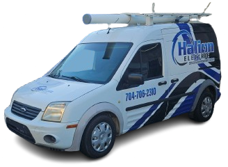 White Halton HVAC service van with blue stripes and rooftop ladder racks, shown in side view