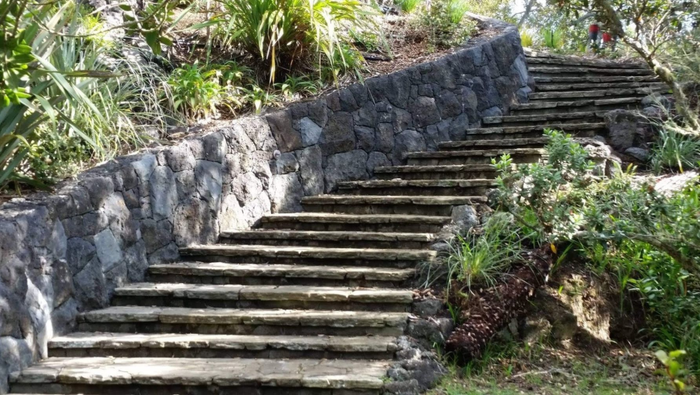 Stone steps climbing a lush hillside beside a low rock wall and dense greenery — High End Stone Masons in West End, QLD