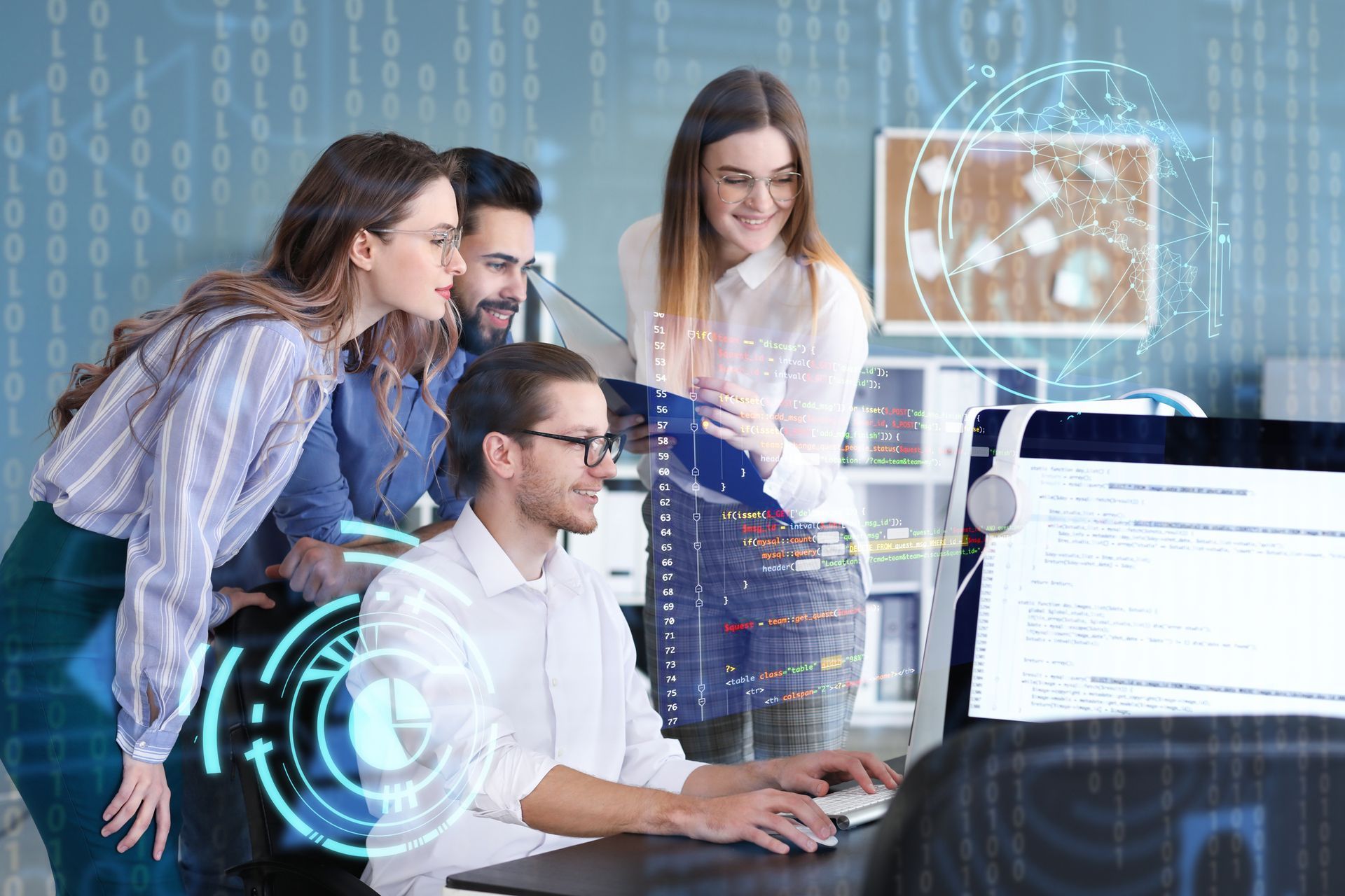 Professional IT company employees reviewing code and technology projects at workstations.