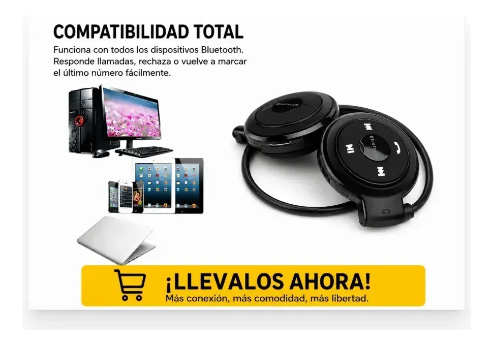 Auriculares Bluetooth negros con presillas para las orejas y controles visibles en los auriculares.