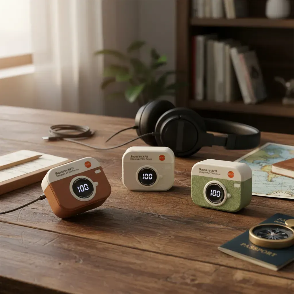 Tres cargadores portátiles con forma de cámara sobre un escritorio de madera con auriculares, un cuaderno y un pasaporte.