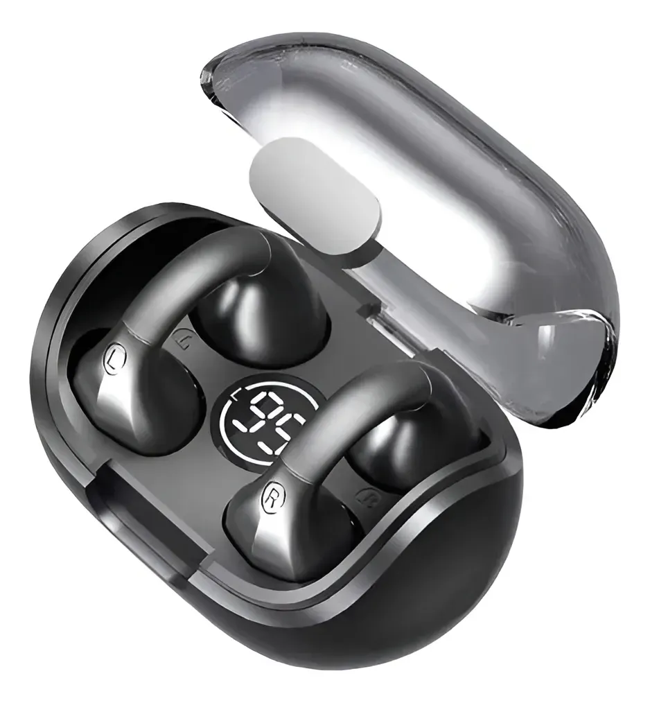 Auriculares inalámbricos negros en un estuche de carga abierto que muestra una pantalla digital de duración de la batería.