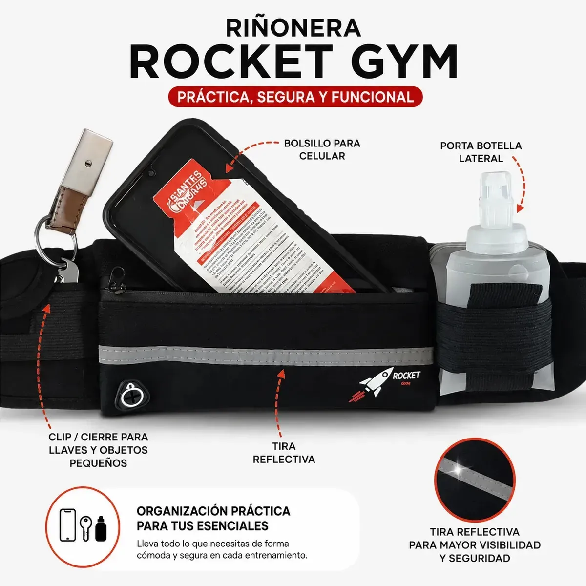Cinturón negro para correr con teléfono, llaves, paquete de gel y botella de agua en la pista.