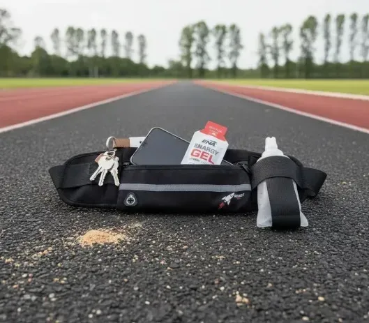 Cinturón negro para correr con teléfono, llaves, paquete de gel y botella de agua en la pista.