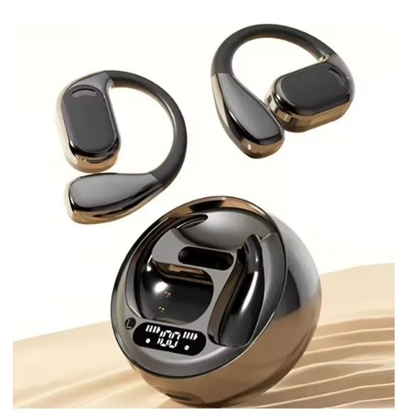 Auriculares y estuche de carga en color gris metalizado; los auriculares descansan sobre una superficie color bronce.
