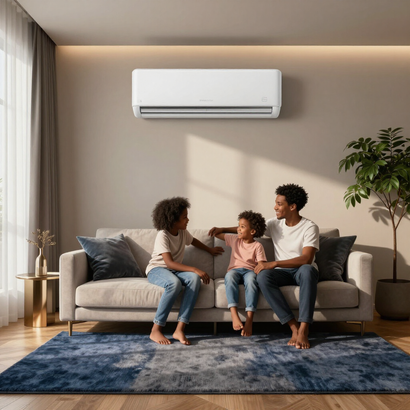 Family sitting on a sofa in a bright living room beneath a wall-mounted air conditioner