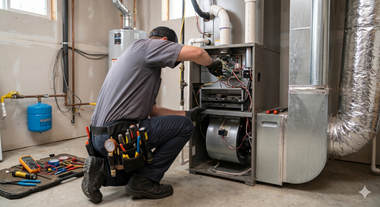 Technician kneeling beside open HVAC furnace, using tools in a mechanical room with insulated ductwork.