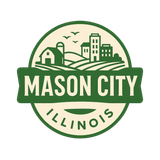 Mason City, Illinois, logo: Green circle with a farm scene, buildings, and text 