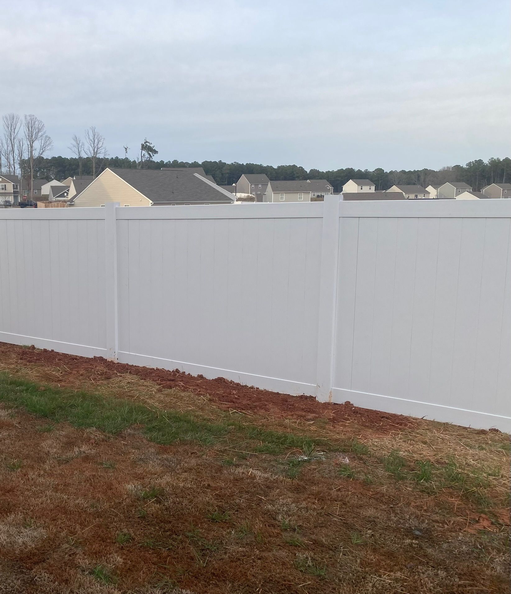 A white fence surrounds a grassy area with houses in the background.
