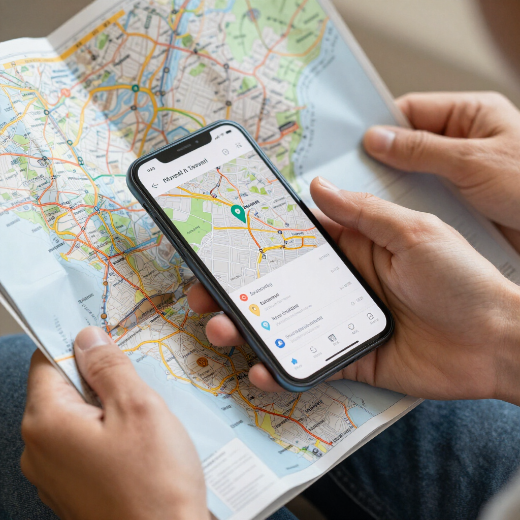 Manos sosteniendo un teléfono inteligente sobre un mapa de papel doblado, consultando las indicaciones en una aplicación de navegación.