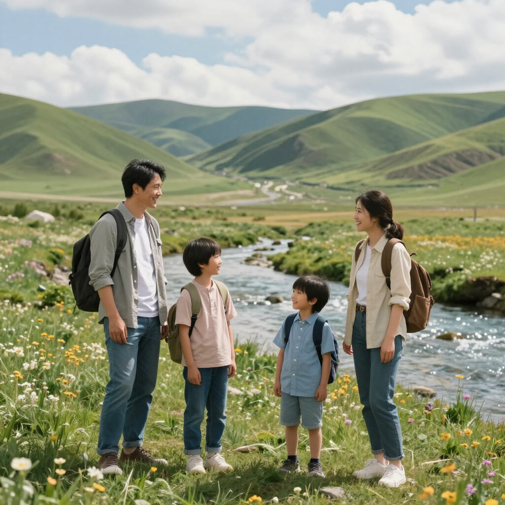 Familia de cuatro personas de pie junto a un arroyo en una pradera de montaña verde con flores silvestres.