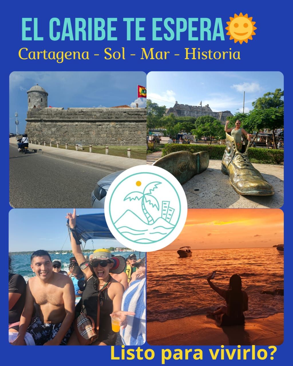 Collage de viaje por el Caribe: muros de Cartagena, vistas de la ciudad, puesta de sol en la playa y snorkel con el texto “El Caribe te espera”.
