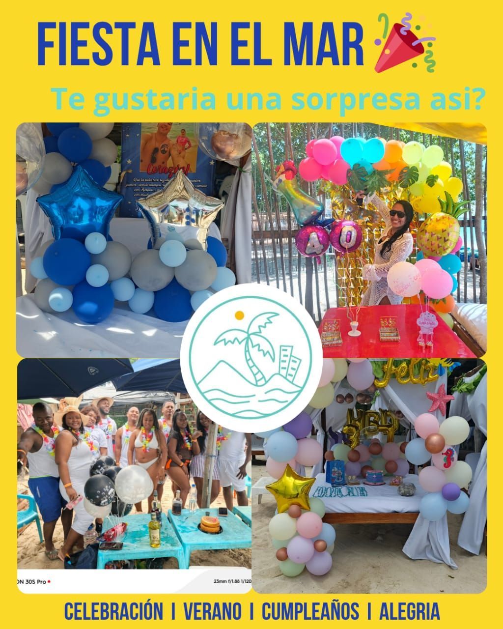 Fiesta marina con globos azules, rosas y amarillos; decoración para celebraciones y cumpleaños.