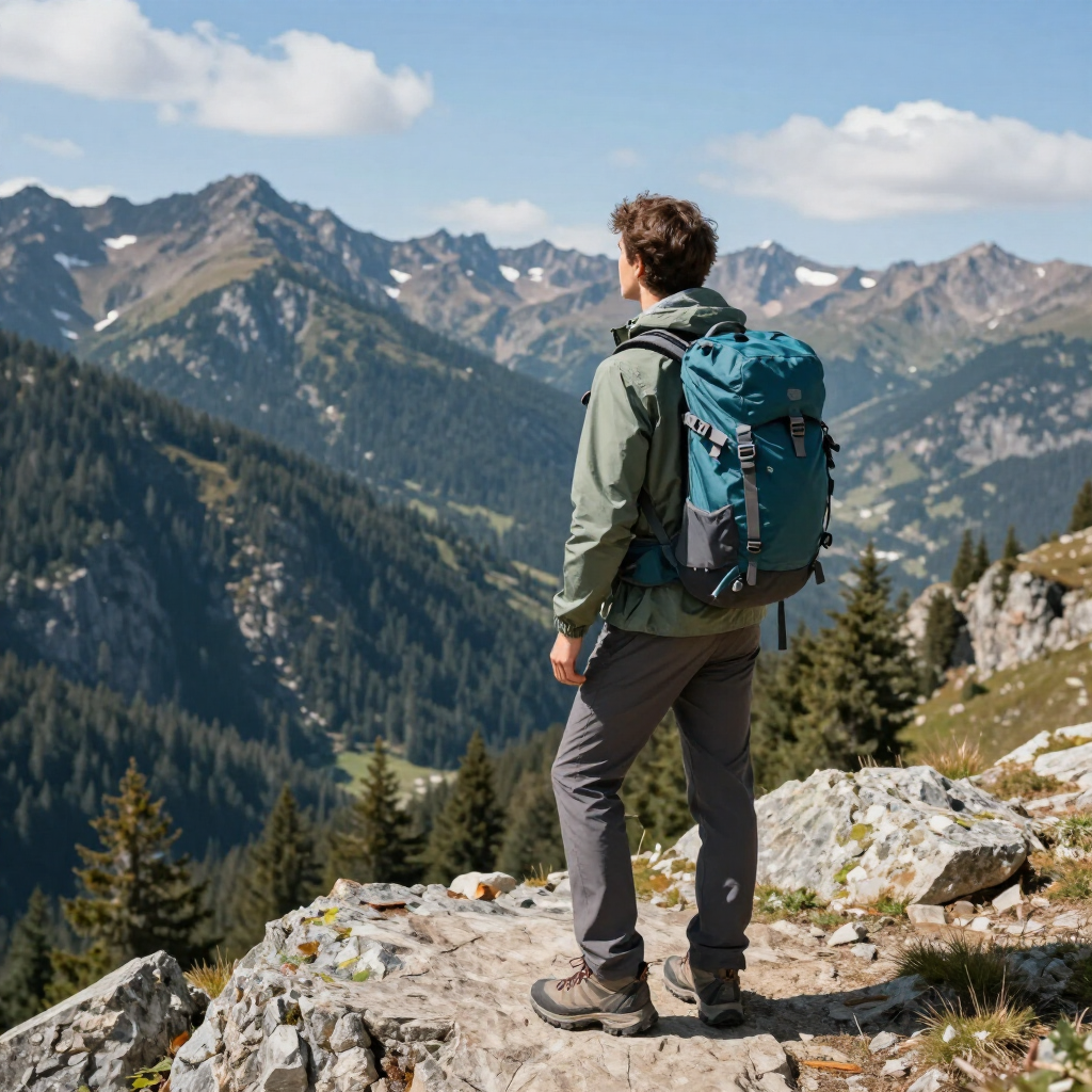 Un excursionista con una mochila color turquesa se encuentra de pie en una cornisa rocosa, contemplando las montañas boscosas bajo un cielo azul.