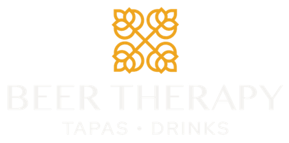 Beige logo reading &ldquo;Beer Therapy&rdquo; with a gold geometric emblem and faint &ldquo;Tapas &middot; Drinks&rdquo; text