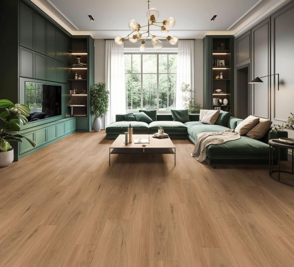 Modernes Wohnzimmer mit grünem Ecksofa, Holzboden, Einbauregalen und großen Fenstervorhängen.