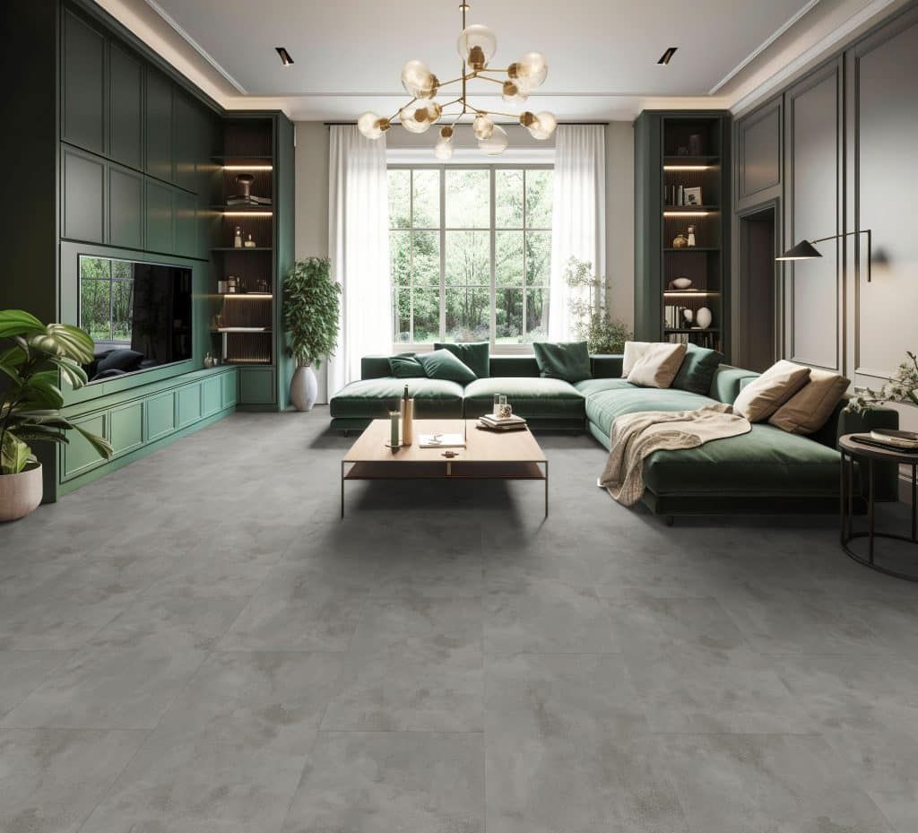 Elegantes Wohnzimmer mit grauem Boden, grünem Ecksofa, Couchtisch und großer Fenstersitzfläche
