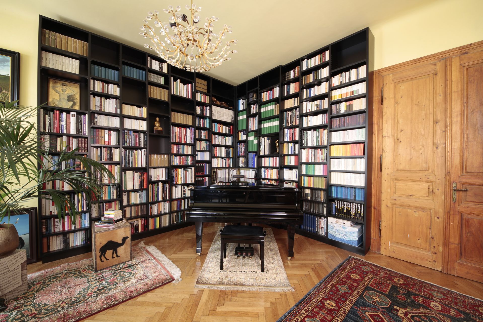 Gemütliche Bibliothek mit schwarzen Bücherregalen, Kronleuchter, Klavier, Holztür und gemusterten Teppichen