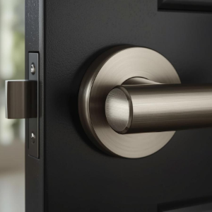 Close-up of a silver door handle on a black door