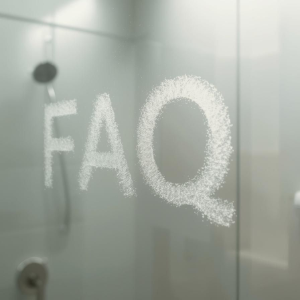 Frosted glass shower door with the letters “FAO” written in condensation