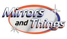 Logo reading “Mirrors and Things” with blue and black text, an orange oval, and silver starbursts