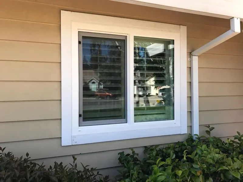 White-framed window on a tan house with a partially open window and greenery below.