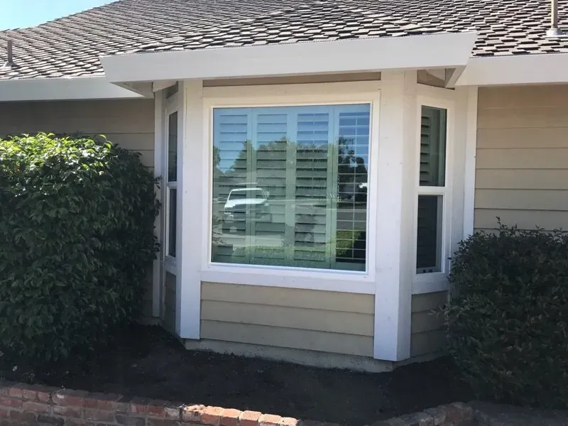 Bay window on a house with white trim and beige siding, with green shrubbery in front.